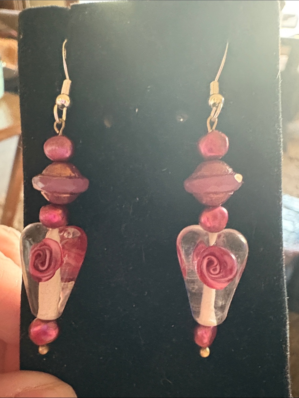 Hand Crafted Pink Glass Heart & Czech Glass and Pearl Drop Earrings
